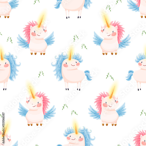 Vector seamless pattern with unicorns and leaves. Perfect for childrens clothing, bedding, wallpaper and party decorations. Bright colors