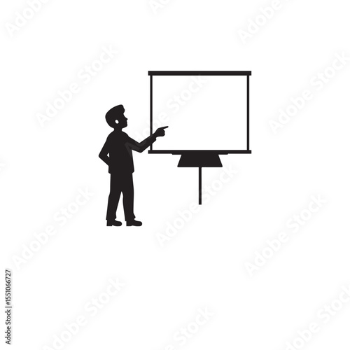 Vector art of a businessmans silhouette presents on a flip chart, pointing to a key point, isolated on white background