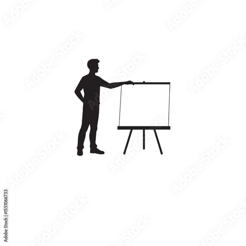 Vector art of silhouette of a presenter standing by a flip chart, hand gesturing, isolated on white background