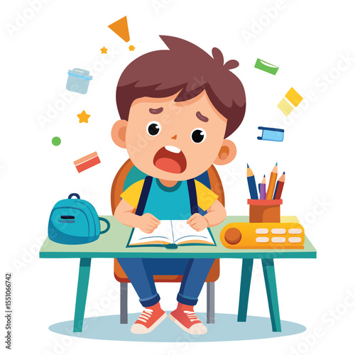 Bored tired boy student doing homework. Sad schoolboy feeling boredom. Unhappy fatigue pupil with books on table.