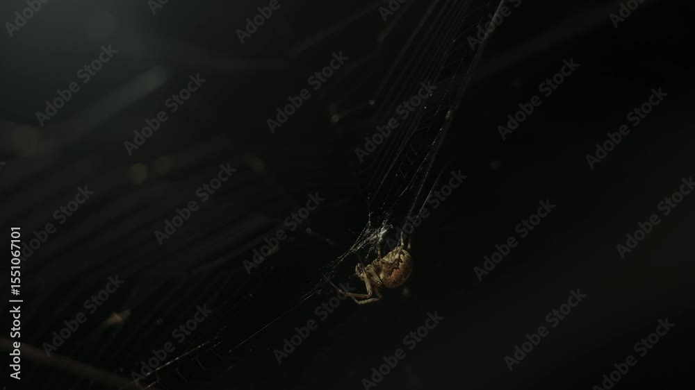 A dramatic close-up shot captures a vibrant black-and-brown patterned spider perched in the center of its intricate web, feeding its prey against a stark dark background—creating an eerie atmosphere.