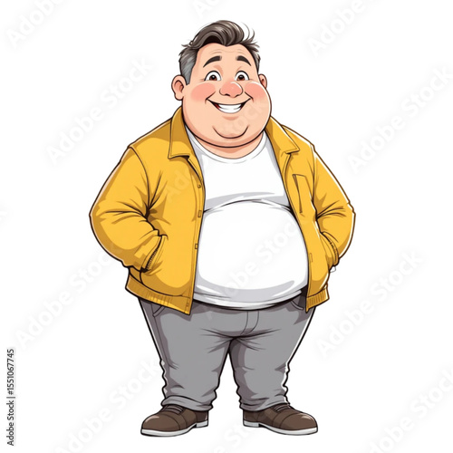 Cheerful cartoon fat man with a big smile wearing a yellow jacket and gray pants on a transparent background