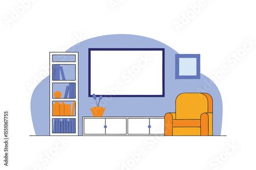 Minimalist Interior Mockup Black Frame Above White Bookcase with Armchair Vector Illustration on White background. 