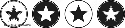 Set of four black and white star icons within circular frames, representing favorite, rating, quality, success, importance, and bookmarking symbols for various uses.