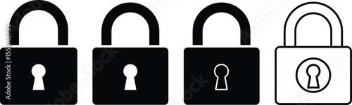  Set of four padlock icons in solid and outline styles, representing security, privacy, protection, lock, safety, encryption, and confidential information safeguarding.