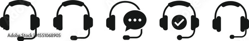 Collection of five black headset icons with microphones, representing customer service, call centers, online support, communication, telemarketing, and virtual assistance solutions.