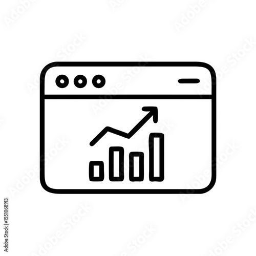 Web Analytics Growth Icon Outline – Vector Line Art of Browser with Bar Chart and Arrow