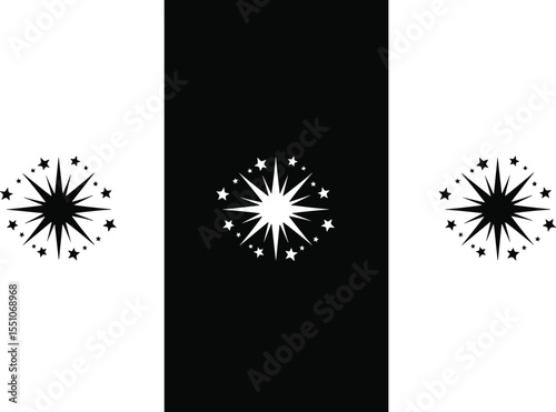  Dynamic black and white starburst designs with radiating points and surrounding stars, symbolizing brilliance, explosion, celebration, spark, and impactful abstract energy.