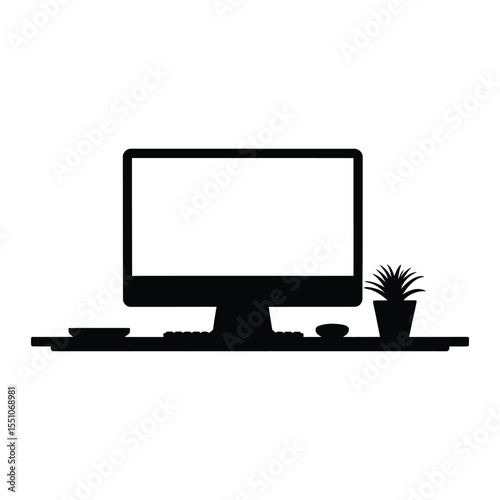 Minimalist Home Office Silhouette, Vector, Illustration, Outline, icon, Logo, White Background.