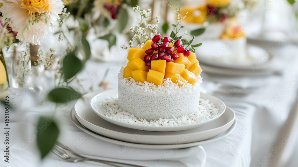 breakfast table with a bowl of chia pudding, topped with fresh mango slices, pomegranate seeds, and coconut flakes breakfast table with a bowl of chia pudding, topped with fresh mango slices, pomegranate seeds, and coconut flakes