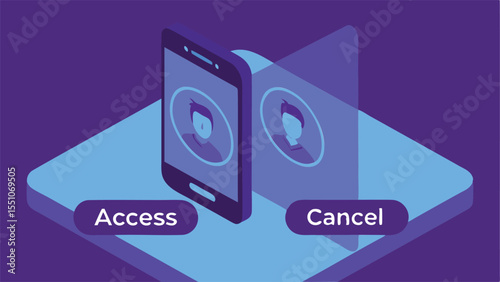 Facial Recognition Access Panel with Rotating Face Scanner in Futuristic Isometric Style