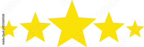 Row of five bright yellow star rating icons, gradually increasing in size, symbolizing quality, excellence, feedback, review, customer satisfaction, and top performance.