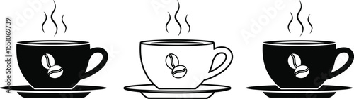 Trio of steaming coffee cups with saucers and coffee bean logos, in filled and outline styles, representing hot beverages, cafes, breakfast, and morning refreshment.