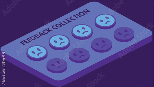 Feedback Collection Panel with Emoji Scale in Glowing Isometric Tech Scene