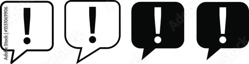  Set of four exclamation mark icons within speech bubbles, in both outline and filled styles, representing alerts, warnings, important messages, attention, and urgent communication.