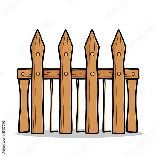 Cartoon wooden picket fence with pointed tops isolated on white background