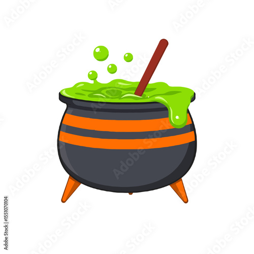 Cartoon halloween cauldron filled with bubbling green potion and stirring stick isolated on white background