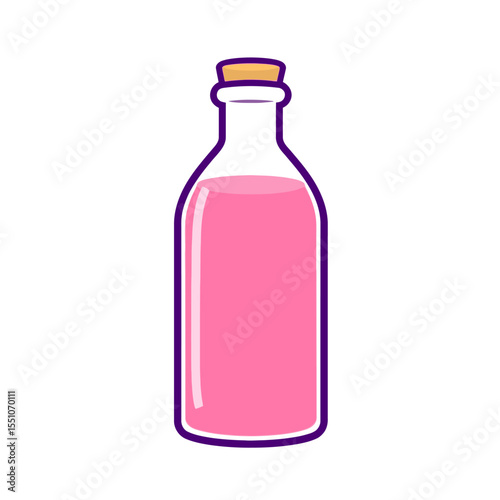 Simple cartoon bottle filled with pink liquid and cork isolated on white background