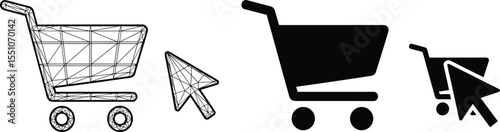 Collection of shopping cart and mouse cursor icons, depicting e-commerce, online shopping, adding to cart, web commerce, digital retail, and internet purchasing processes.