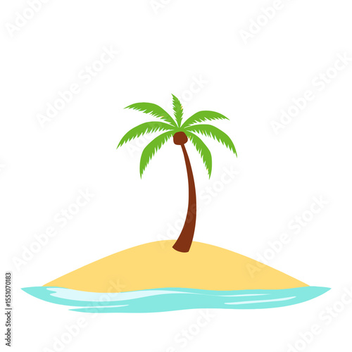 Cartoon palm tree on a sandy island surrounded by blue water isolated on white background
