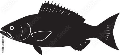 silhouette fish seabass on white background, vector illustration