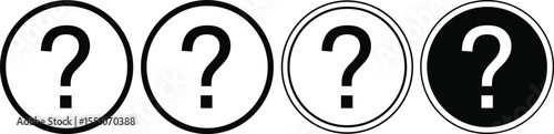 Collection of four distinct question mark icons in circular frames, black and white designs, symbolizing inquiry, help, uncertainty, FAQ, and problem-solving concepts.