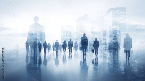 A futuristic office scene with silhouettes of business people and modern skyscrapers.