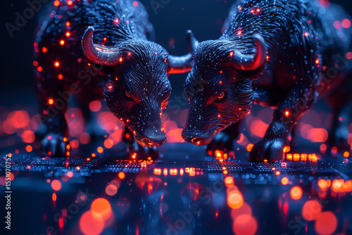 Bull and bear icons standing on candlestick chart, with US dollar and Japanese yen symbols, glowing blue background, stock market concept