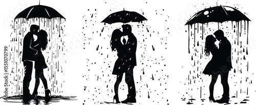 Trio of romantic silhouette illustrations depicting couples kissing under umbrellas in the falling rain, symbolizing love, intimacy, protection, and affectionate moments despite the weather.