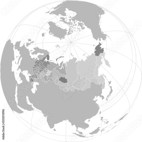 World vector map with Russia level 1 administrative boundaries and graticules (Russia-centered and highlighted view, orthographic projection, PPT-compatible & fully editable)	