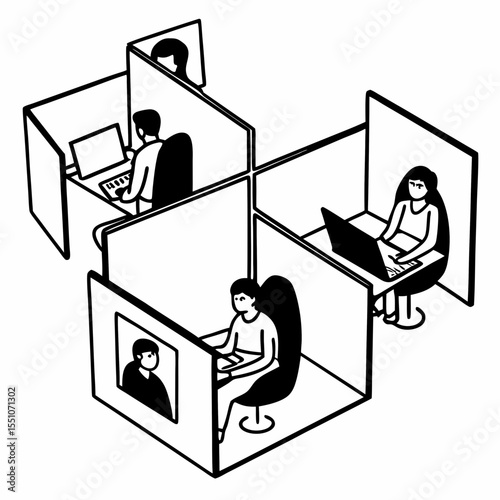 Hybrid Work Culture Vector Scene with Office Hoteling, Flex Desks, and Asynchronous Communication

