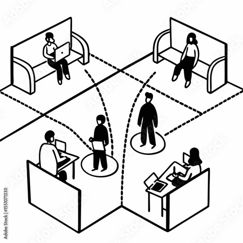 Hybrid Work Culture Vector Scene with Office Hoteling, Flex Desks, and Asynchronous Communication