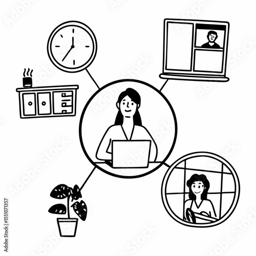 Work From Home Vector with Balanced Lifestyle, Virtual Calls, and Daily Routine Planner Icons