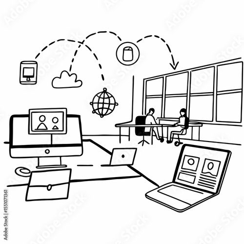 Digital Workplace Ecosystem Illustration Featuring AI Tools, Productivity Apps, and Global Access