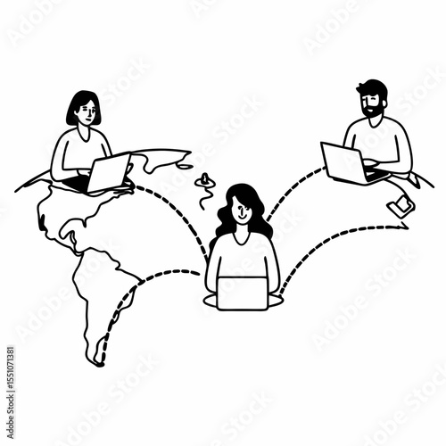 Nomadic Work Vector with International Freelancers, Coworking Cafes, and Virtual Meetings