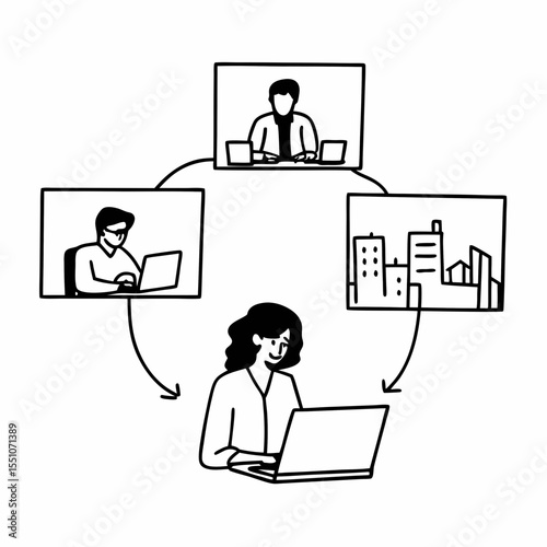 Nomadic Work Vector with International Freelancers, Coworking Cafes, and Virtual Meetings