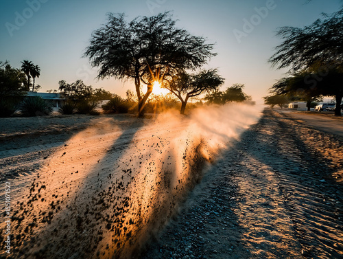 A dusty Texan road lined with mesquite trees