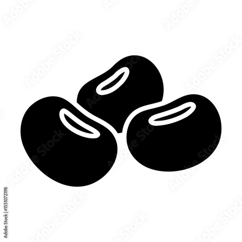 Vector icon of three bean seeds. Soybeans, black beans, or kidney beans graphic in solid black glyph style for food, agriculture and farming.
