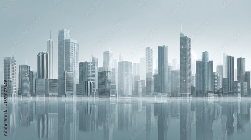 Fototapeta premium A modern city skyline reflecting on calm water in a serene, minimalist atmosphere.