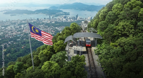 Stunning Aerial View of Penang Hill Railway Station with Malaysian Flag and Cityscape Background