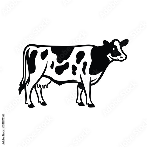 Black and White Dairy Cow Vector Silhouette Isolated on White Background	