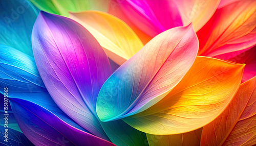 Vibrant, iridescent leaves in a spectrum of rainbow hues overlap, creating a visually stunning, abstract floral composition