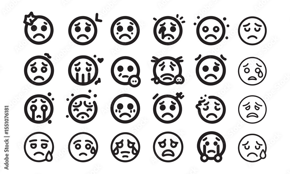  Set of sad emoji silhouette icon line art simple emotion, feeling, expressing symbols vector illustration