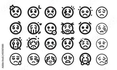  Set of sad emoji silhouette icon line art simple emotion, feeling, expressing symbols vector illustration