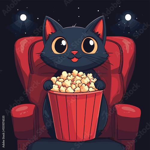 Happy black cat in movie theater holding popcorn bucket. Cute cat watching a movie in movie hall with red seats and spotlight. Vector illustration, vector style simple color