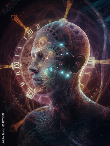 Futuristic human head with glowing circuits and cosmic clock background in a surreal time scene. Time Spiral Being