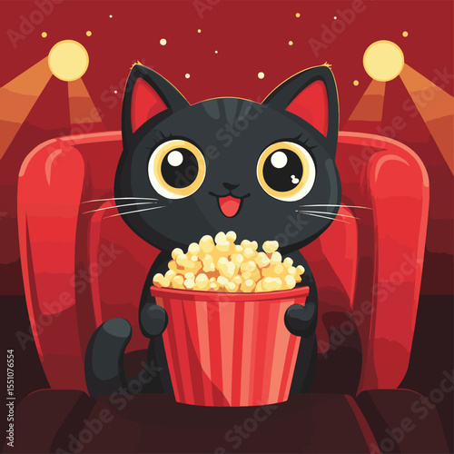 Happy black cat in movie theater holding popcorn bucket. Cute cat watching a movie in movie hall with red seats and spotlight. Vector illustration, vector style simple color