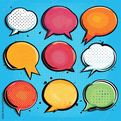 Set of various empty comic speech bubbles decorated with black halftone shadow in pop art style. Different shapes and elements. Vector illustration, vector style simple color