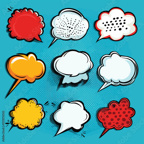 Set of various empty comic speech bubbles decorated with black halftone shadow in pop art style. Different shapes and elements. Vector illustration, vector style simple color