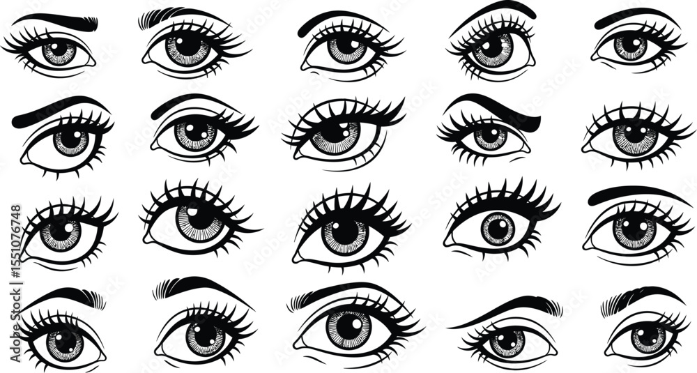 Stylized Black and White Eye Collection - Cartoon Vision Set